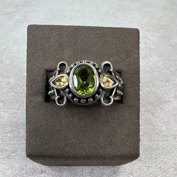 Green‎ Yellow Sterling Silver Ring Boho Vintage Bold Statement Size 9 Glass - Picture 1 of 11